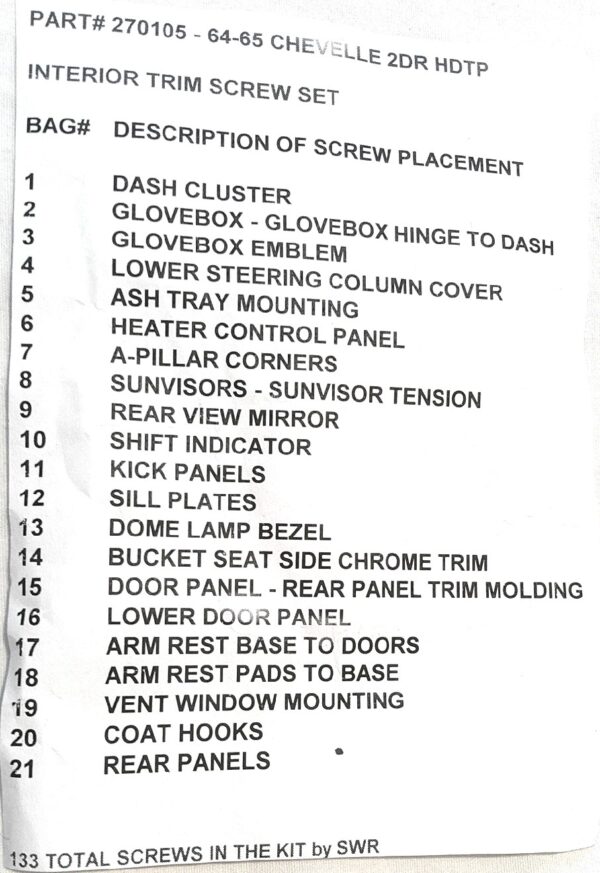 Interior Trim Screw Set 64-65 HT
